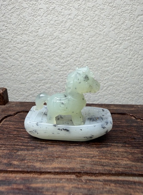 天然岫玉水墨意境小马坐船造景摆件马到成功一帆风顺一套