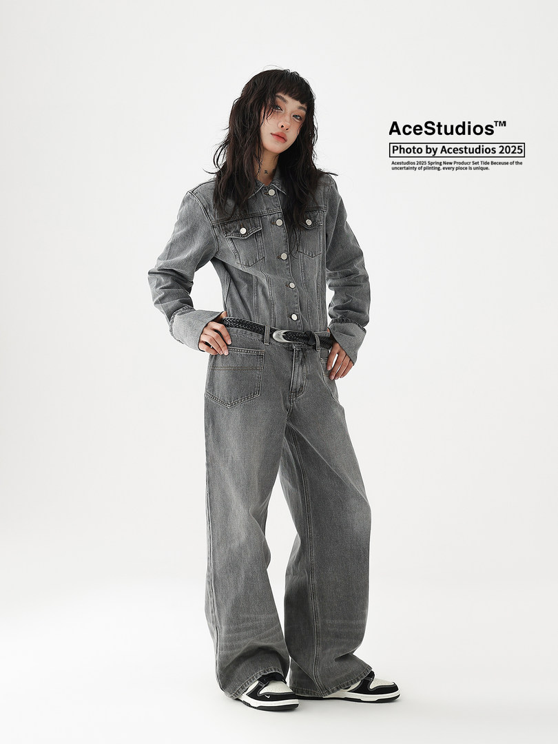 Model wearing a gray denim jacket and wide-leg jeans set