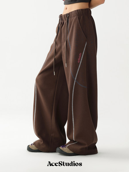 Brown wide-leg drawstring pants worn by a model