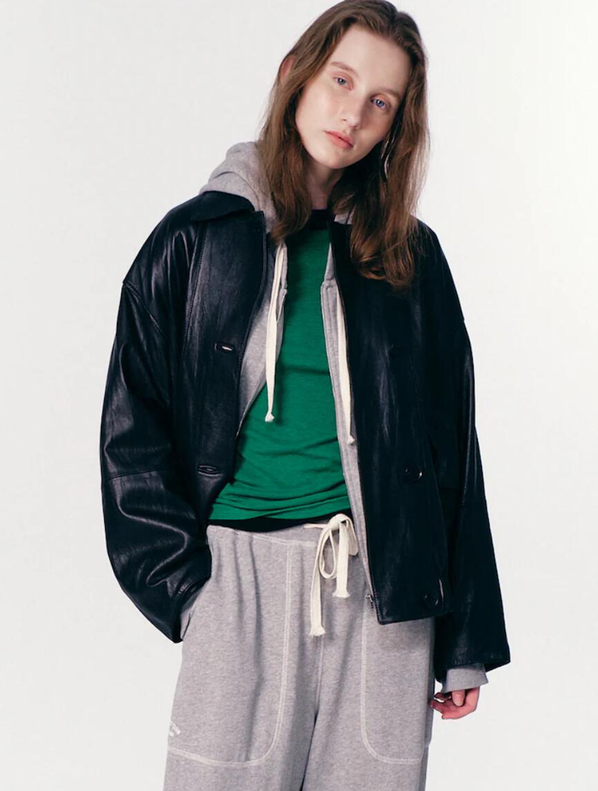 【VOVOSHOP】BEAKER 24早春新款 黑色连帽休闲皮衣外套