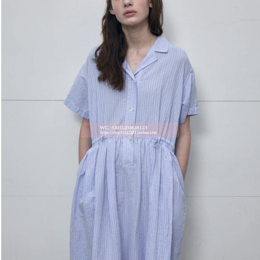 【VOVOSHOP】韩国代购BEAKER 进口柔软棉亚麻条纹衬衫条纹连衣裙