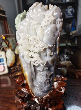 顶奢风生水起 山水为财 天然和田玉青花籽带翠 手工制作家居摆件