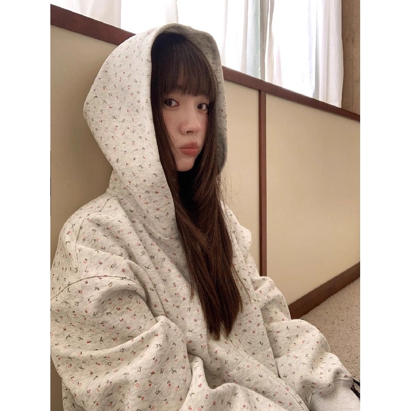 小碎花印花连帽卫衣女