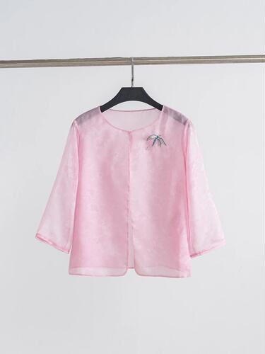 双层重磅真丝欧根纱花萝提花重工钉珠蜻蜓国风减龄显白防晒衬衫