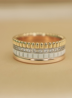 二手正品Boucheron宝诗龙18k三色金白陶瓷四环女款钻石戒指尾戒47