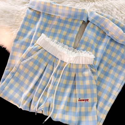 女大童夏装阔腿裤垂感休闲格子裤