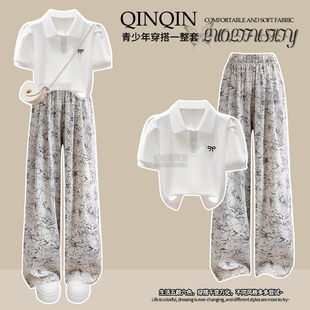 女童阔腿裤套装2025夏季新款中大童休闲短袖T恤青少年裤子两件套