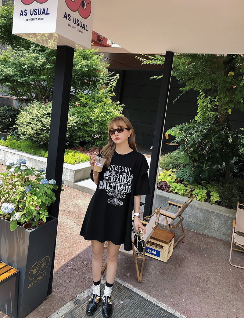 短袖美式复古棉长T做旧印花