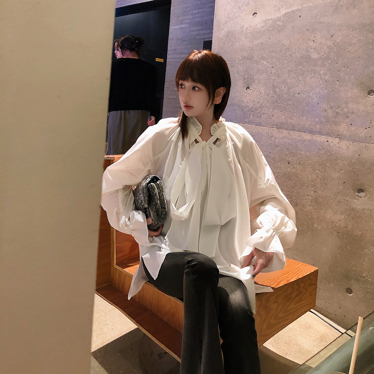 LANGBOOM  墨韵云袖 仙仙女蝴蝶结褶皱袖白衬衫