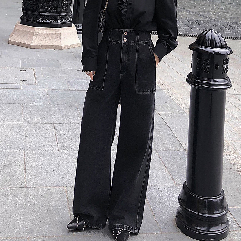 石墨灰黑宽松百搭阔腿裤牛仔裤