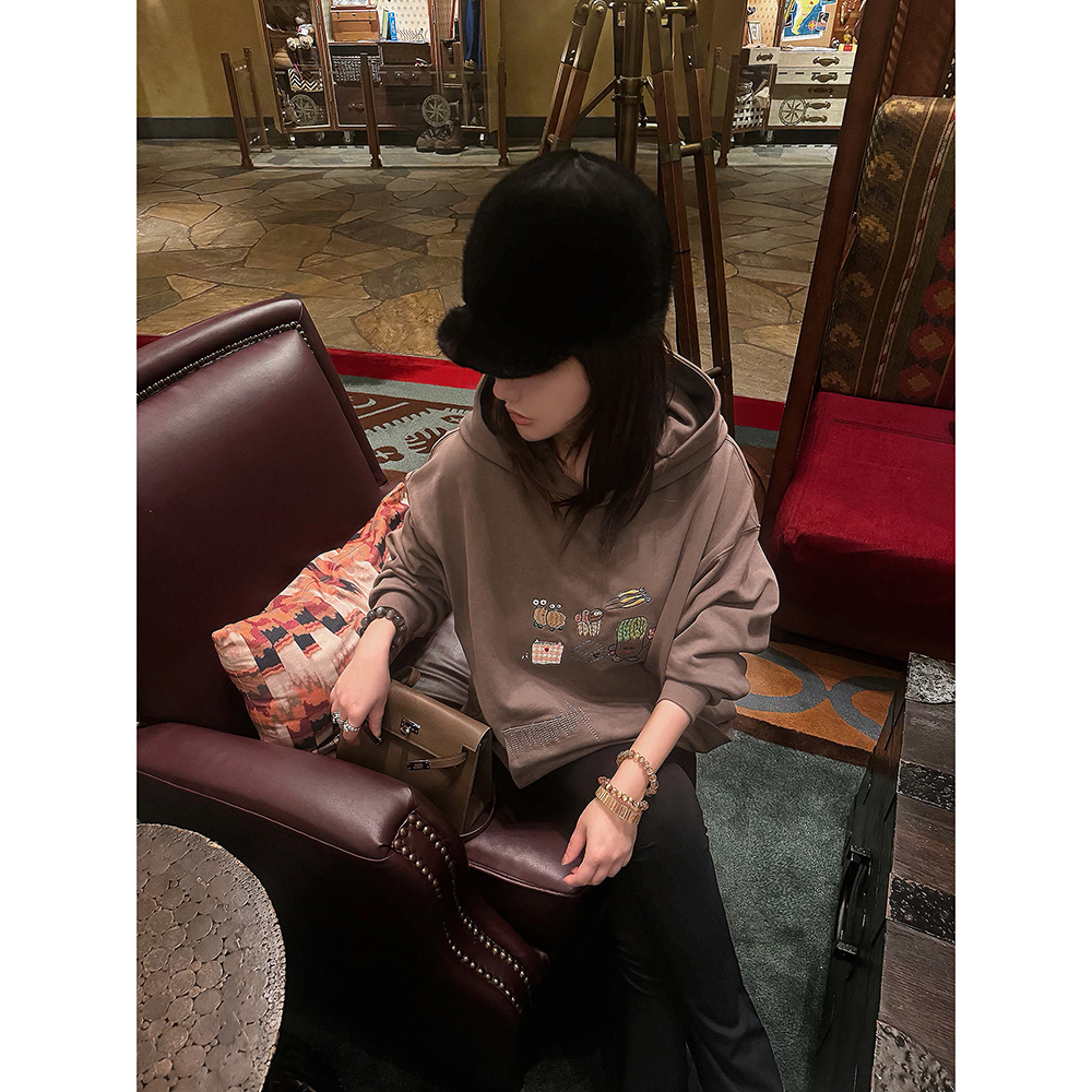 LAMGBOOM  财财和它的朋友们  刺绣时髦休闲带帽上衣外套卫衣