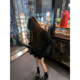 LANGBOOM  暗夜极光  墨绿鎏金 超美精灵 氛围感bling套头毛衣