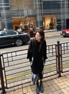 LANGBOOM  office muse 油画风假两件套长袖黑色连衣裙长裙