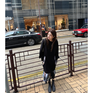 油画风假两件套长袖 muse 黑色连衣裙长裙 office LANGBOOM