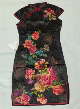 玫瑰花旗袍黑色印花短款复古港风女士高端撤柜修身显瘦真丝素绉缎