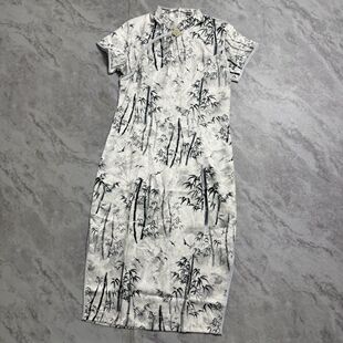 桑蚕丝混纺真丝旗袍连衣裙中长款短袖修身显瘦复古港风女高端撤柜