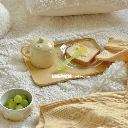 韩国ins博主同款小麦秸秆纯色长方形托盘甜品咖啡收纳盘早餐盘