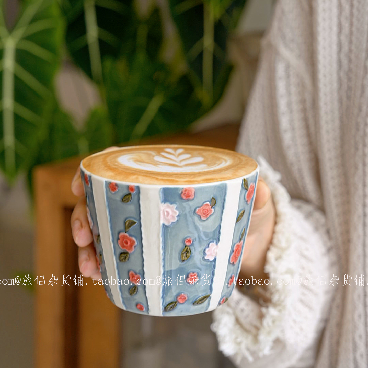 复古手绘浮雕玫瑰猪口杯拿铁拉花杯精致手握杯主人杯茶杯日式礼物