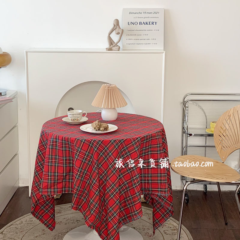 韩国ins红色大格子桌布苏格兰格子diy布料盖布餐布圣诞背景布