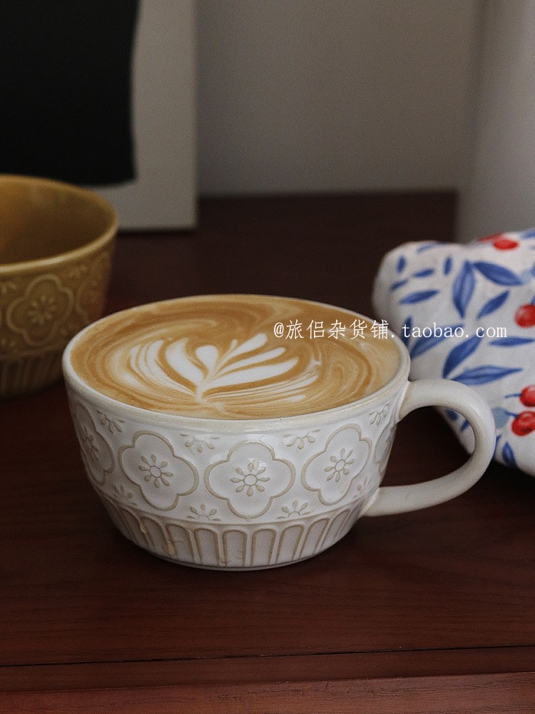 日式复古海棠花咖啡杯早餐杯