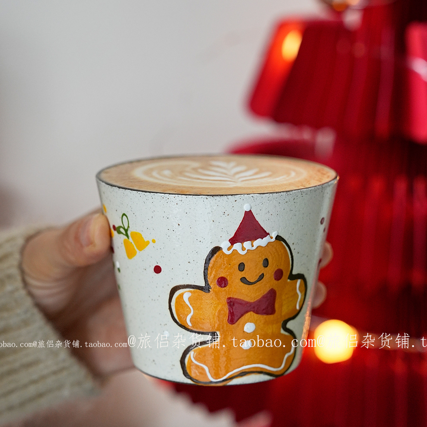 景德镇手绘圣诞姜饼人紫砂猪口杯咖啡拿铁拉花杯主人杯礼物
