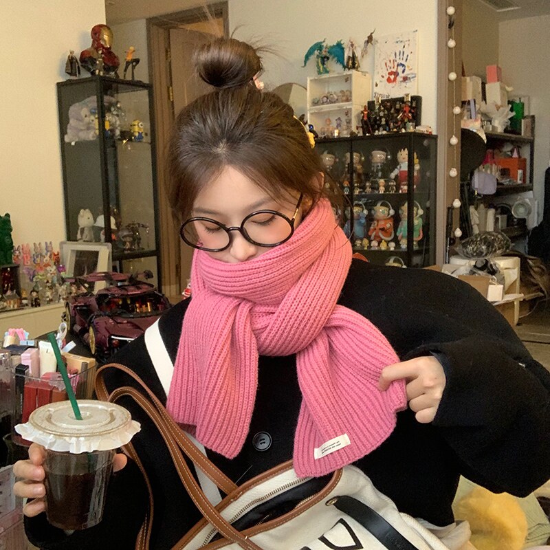 새로운 라즈베리 핑크 울 스카프 여성 가을 겨울 한국어 버전 다목적 솔리드 컬러 레트로 커플 스카프