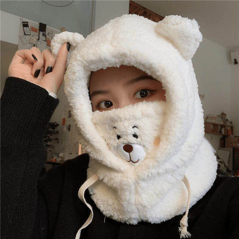BEAR HAT WINTER CUTE SCARF MASK INTEGRATED EAR CAP WINTER PLUSH SCARF HOODED WOMEN WINDPROOF AND WARM