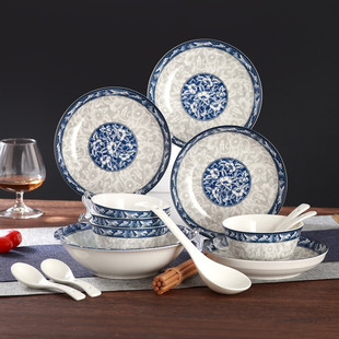 青花瓷18件套家用陶瓷餐具碗碟套装 中式 饭盘菜盘子饭碗