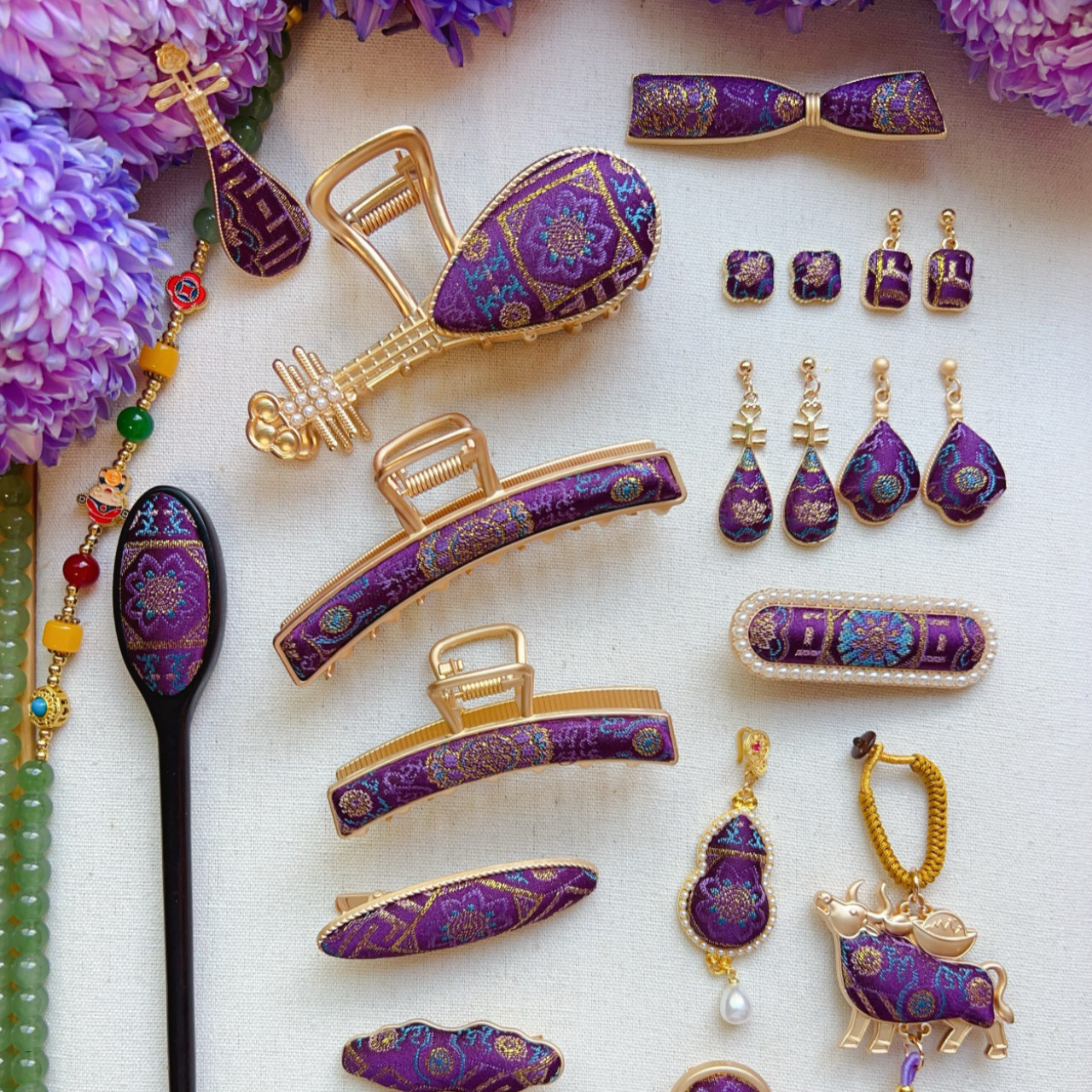 非遗原创新中式国风宋锦紫金八达晕纯手工抓夹发夹边夹挂件,饰品/流行首饰/时尚饰品新,组合套装,淘宝优惠券,粉丝福利购,淘宝优惠卷