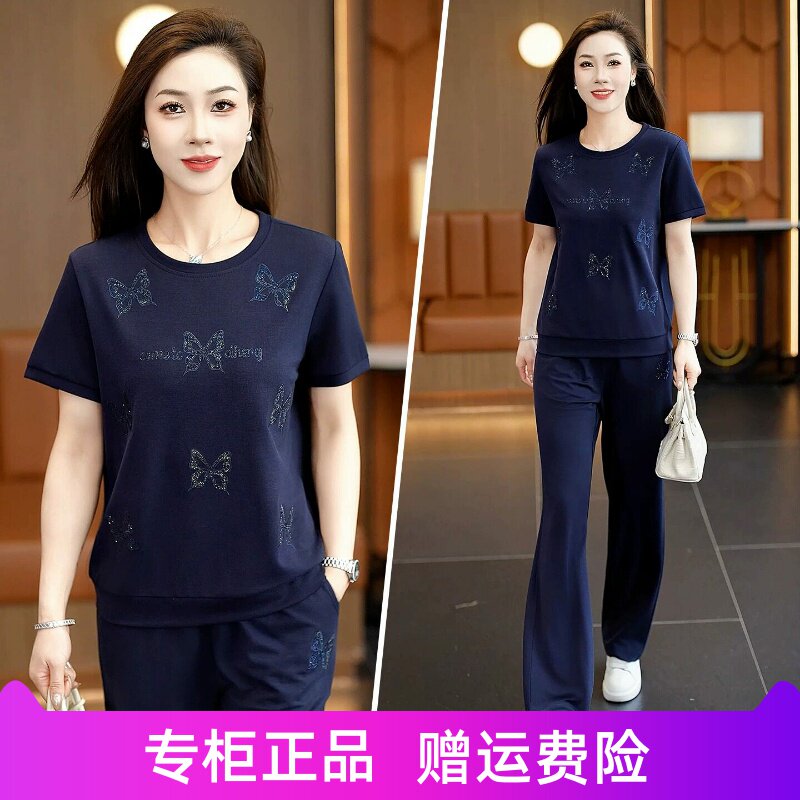 依之恋纯夏季运动套装女2026时尚减龄显瘦圆领短袖长裤休闲两件套