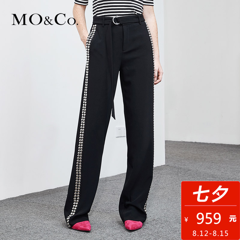 MOCO黑色垂感運動闊腿褲女夏高腰休閑褲長褲2018新款復古港味寬松