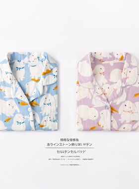 露丝纯棉睡衣女春秋纱布短袖长袖短裤男士可爱熊猫夏季情侣家居服