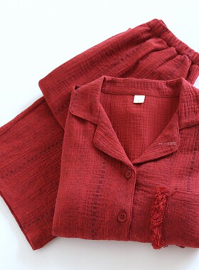 红色睡衣女春秋纯棉纱布带胸垫长袖长裤本命年新年结婚全棉家居服