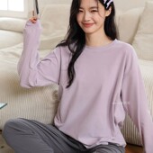 奶油慕斯睡衣女磨毛发热保暖情侣长袖 德绒家居服 纯色圆领男秋冬季