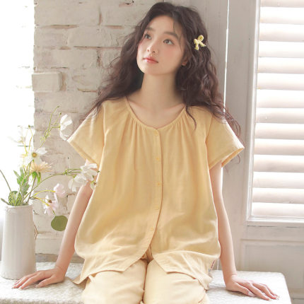 睡衣女夏季纯棉纱布短袖七分裤薄款纯色居家服休闲外穿套装家居服