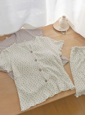 温柔碎花带胸垫睡衣女夏季针织棉华夫格短袖短裤森系免家居服套装