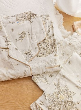 法式精灵睡衣女春秋纯棉磨毛绒布居家服白色全棉法兰绒家居服套装