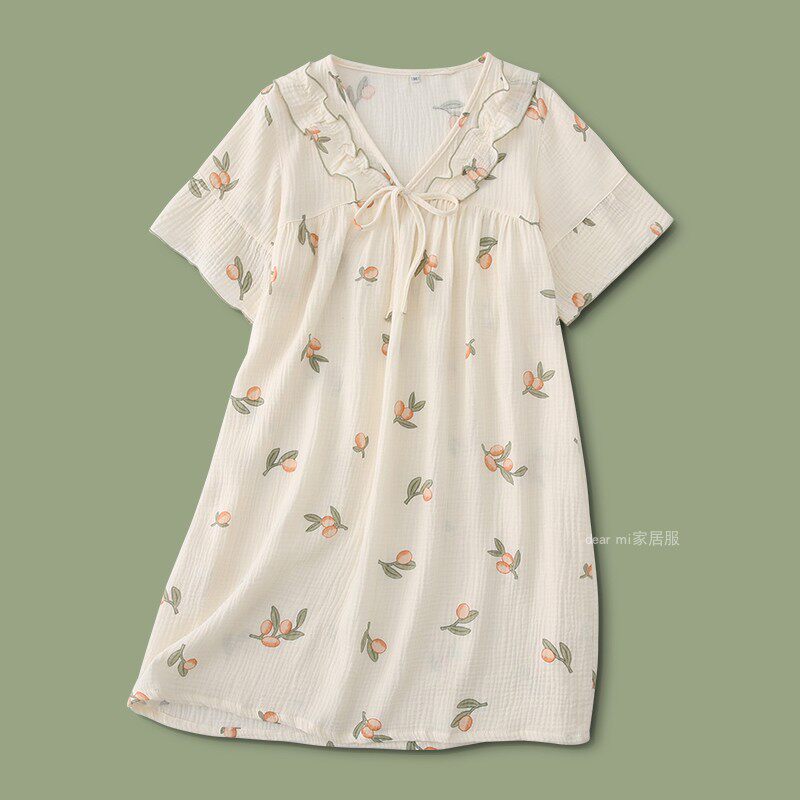 睡衣女春夏季纯棉纱布枇杷短袖v领薄款居家服清新ins风家居服睡裙