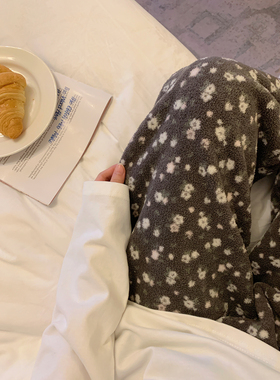 碎花睡裤女秋冬季珊瑚绒加厚保暖可外穿带口袋休闲长裤韩系家居裤