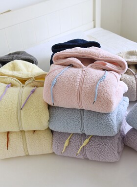 休闲连帽睡衣情侣秋冬季羊羔绒加厚保暖加绒纯色男女珊瑚绒家居服