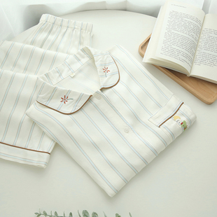 长裤 薄款 短袖 春夏季 棉绸家居服 短裤 高品贡缎睡衣人棉简约条纹长袖