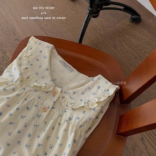 奶蓝小碎花睡衣女春秋款纯棉绒布家居服冬季纯欲风磨毛法兰绒睡裙