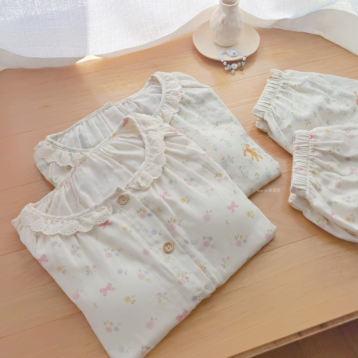 免文胸可爱小动物长袖棉纱睡衣