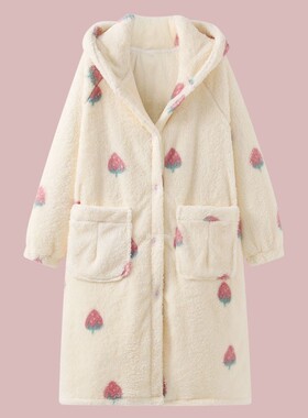 奶乎乎草莓睡衣女秋冬款珊瑚绒保暖加厚长毛绒家居服可爱睡袍睡裙