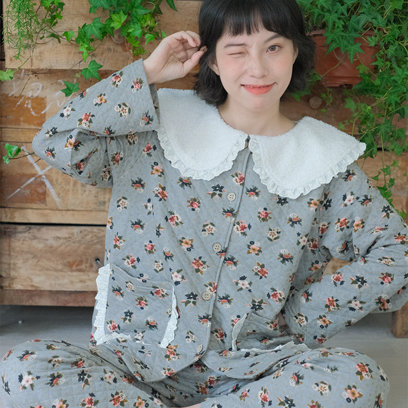 复古法式碎花睡衣纯棉空气层夹棉