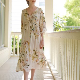 V家居服连衣裙人棉睡衣 清凉冰丝感短袖 紫藤棉绸贡缎睡裙夏季 薄款