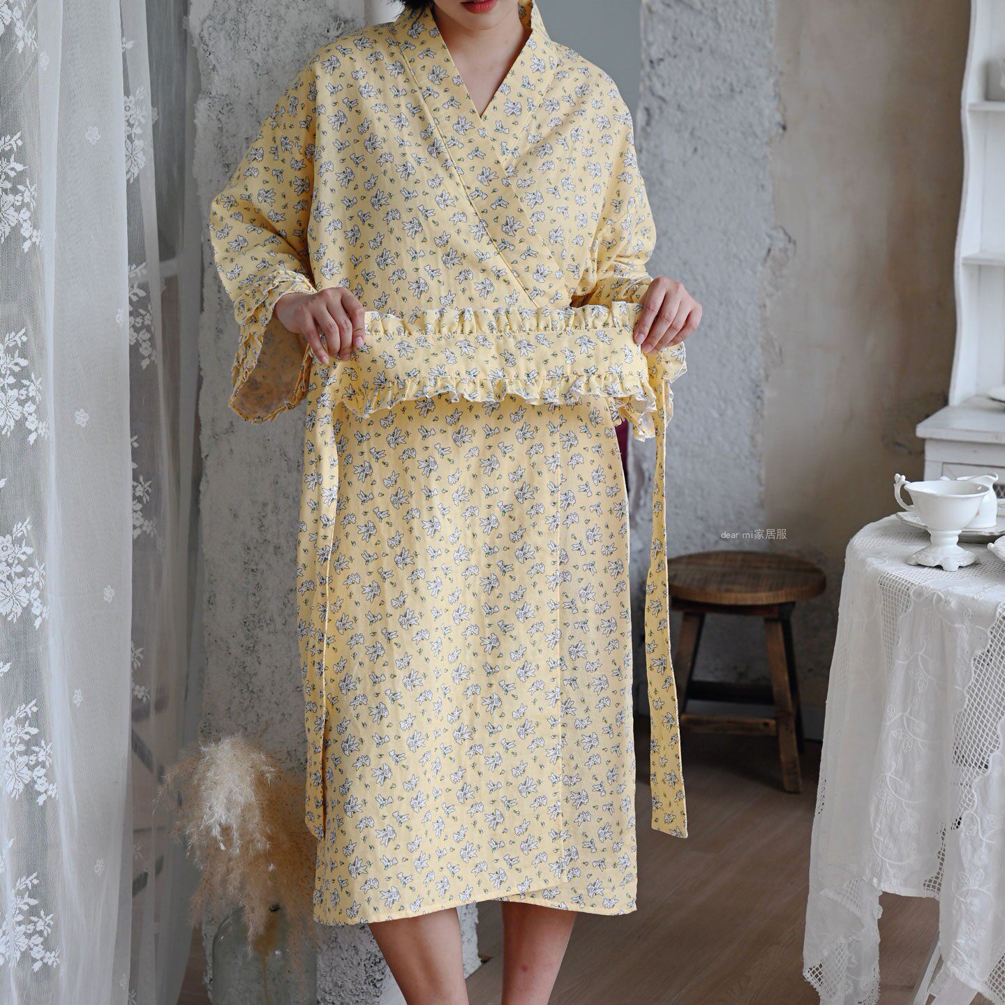 奶黄兔叽睡衣春夏季纯棉纱布汉服长袖V领和服睡袍浴袍家居服睡裙