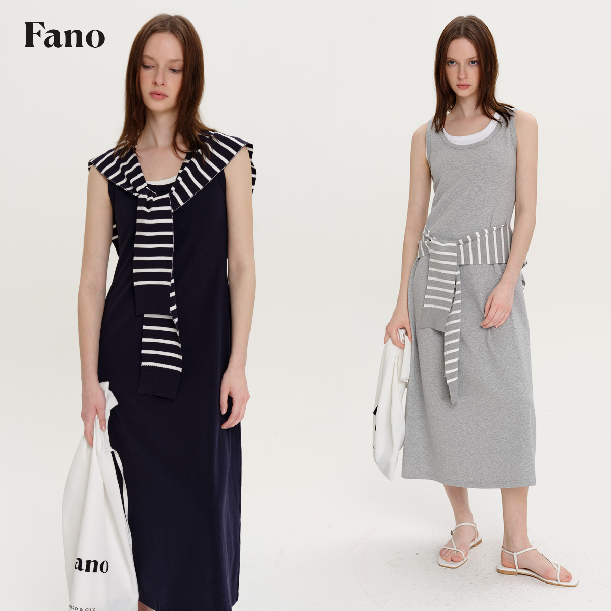 范洛Fano 简约条纹披肩绑带修身显瘦针织背心连衣裙三件套女夏季