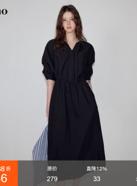 范洛Fano 设计造型感捏褶袖型V领系带连衣裙女2026夏夏凉感长裙子