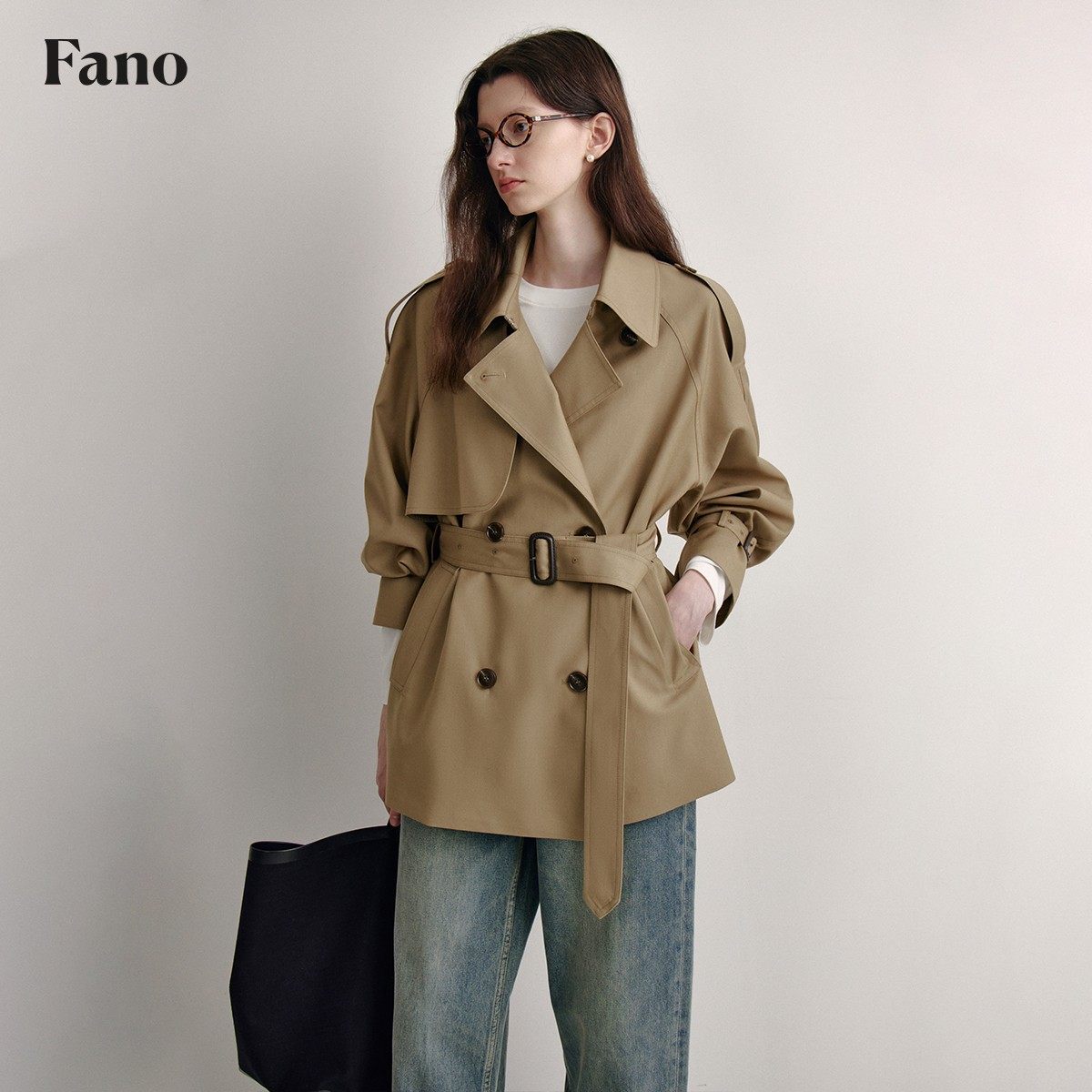 范洛休闲短款风衣外套女双排扣小个子2025春新款高级感卡其色大衣,女装/女士精品,风衣,淘宝优惠券,粉丝福利购,淘宝优惠卷